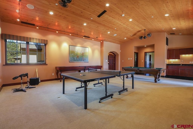 rec room featuring light carpet, wooden ceiling, sink, and pool table