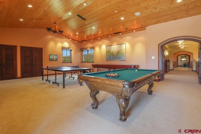 recreation room with light carpet, pool table, vaulted ceiling, and wooden ceiling