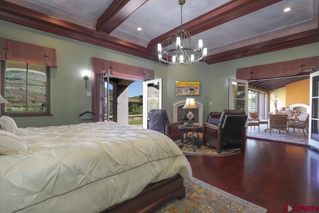 bedroom with an inviting chandelier, dark hardwood / wood-style floors, beam ceiling, and access to exterior