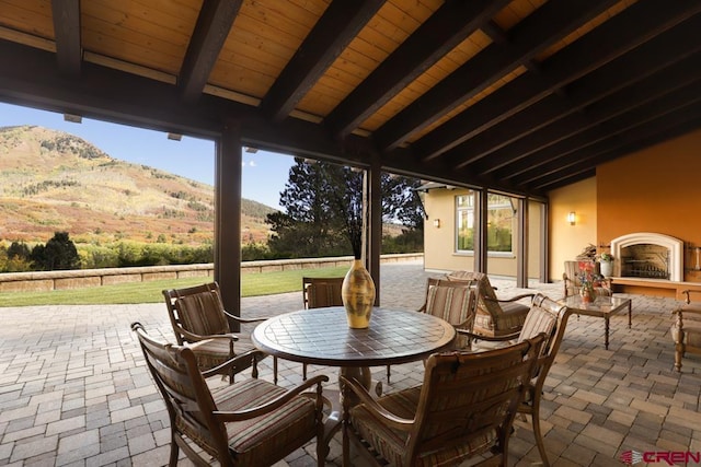 view of patio with a mountain view