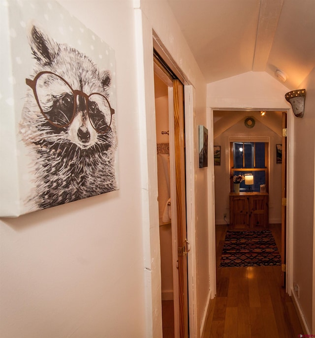 hall featuring dark wood-type flooring and lofted ceiling