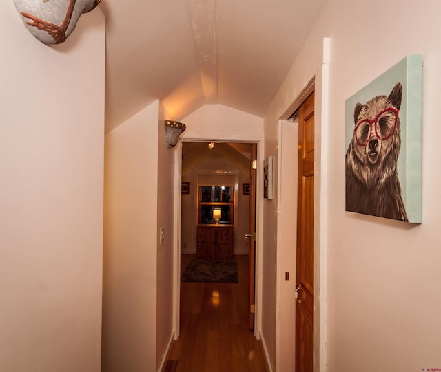 hall featuring lofted ceiling and dark hardwood / wood-style flooring