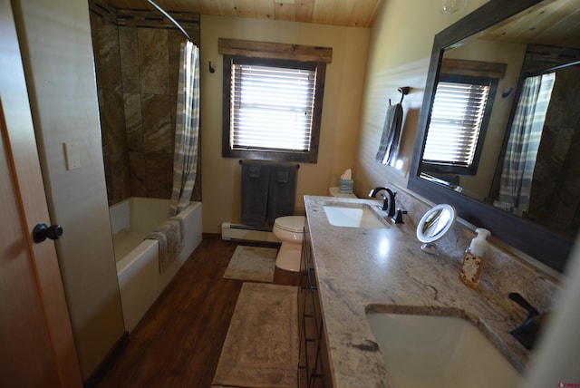 full bathroom with shower / bath combo, hardwood / wood-style floors, vanity, a baseboard radiator, and wooden ceiling