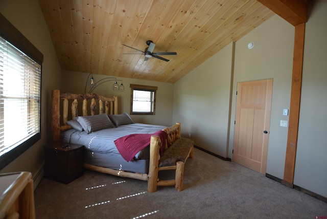 carpeted bedroom featuring baseboard heating, ceiling fan, wood ceiling, and vaulted ceiling