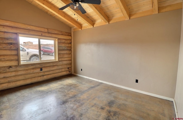 empty room with log walls, ceiling fan, lofted ceiling with beams, and wood ceiling