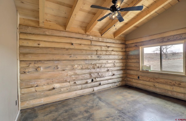 unfurnished room with ceiling fan, wood ceiling, and rustic walls