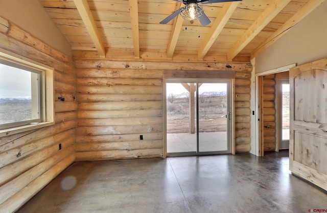 spare room featuring ceiling fan, vaulted ceiling with beams, log walls, and wood ceiling