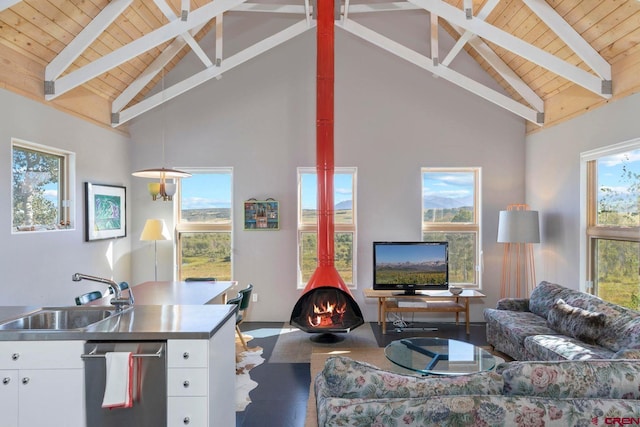 1006 Top Of The World Dr, Placerville, CO 81430 - living room with beamed ceiling, high vaulted ceiling, and wooden ceiling