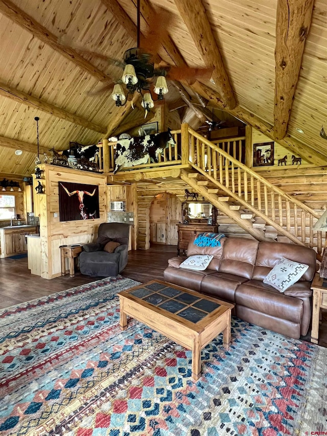 unfurnished living room with dark hardwood / wood-style flooring, wooden walls, and wood ceiling