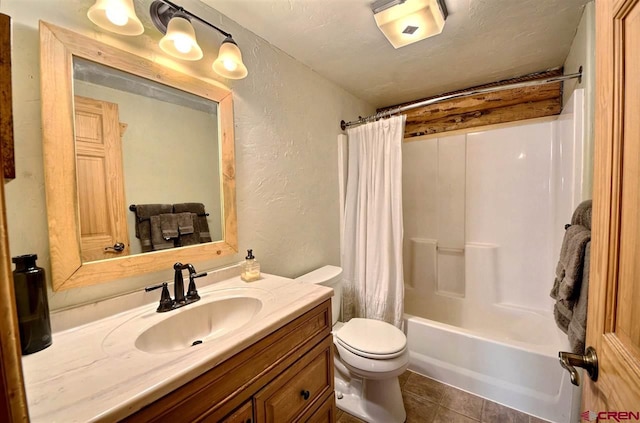 full bathroom with shower / bath combo, tile flooring, large vanity, and toilet