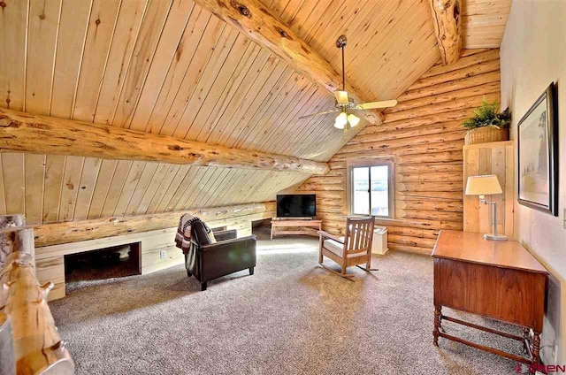 interior space featuring carpet floors, ceiling fan, rustic walls, wood ceiling, and lofted ceiling with beams