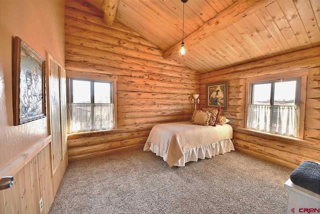 carpeted bedroom with vaulted ceiling with beams, rustic walls, and wooden ceiling