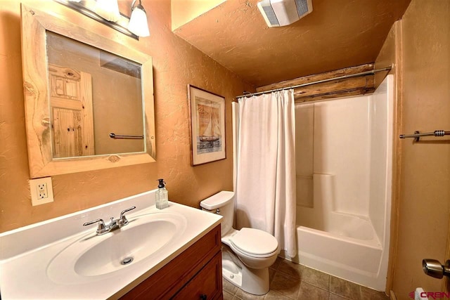 full bathroom featuring toilet, vanity, shower / bathtub combination with curtain, and tile flooring