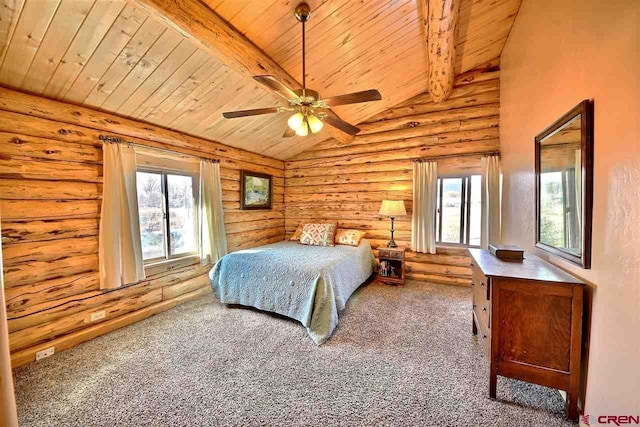 bedroom with rustic walls, beam ceiling, carpet, and wooden ceiling