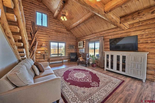 living room with wooden ceiling, dark wood-type flooring, and beamed ceiling