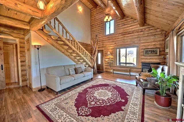 living room with wooden ceiling, dark wood-type flooring, and beamed ceiling