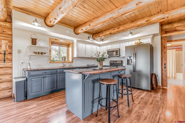 kitchen with log walls, white cabinets, appliances with stainless steel finishes, beamed ceiling, and light hardwood / wood-style floors