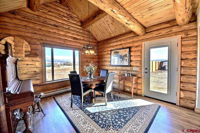 dining area featuring wooden ceiling, rustic walls, a wealth of natural light, and dark hardwood / wood-style flooring