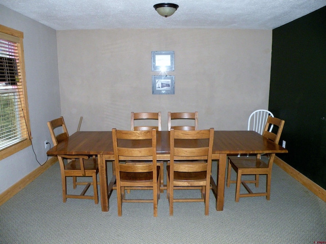 carpeted dining room with plenty of natural light and a textured ceiling