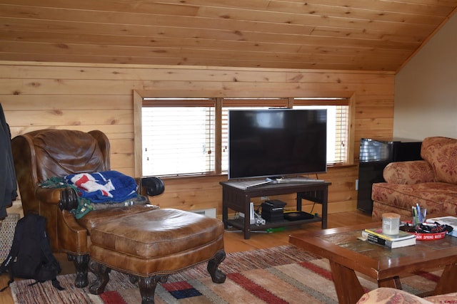 living room with wooden walls, wood ceiling, and vaulted ceiling