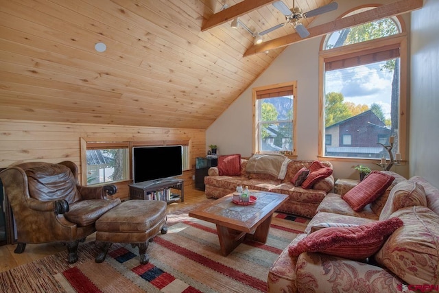 living room with lofted ceiling with beams, wooden ceiling, a healthy amount of sunlight, and ceiling fan