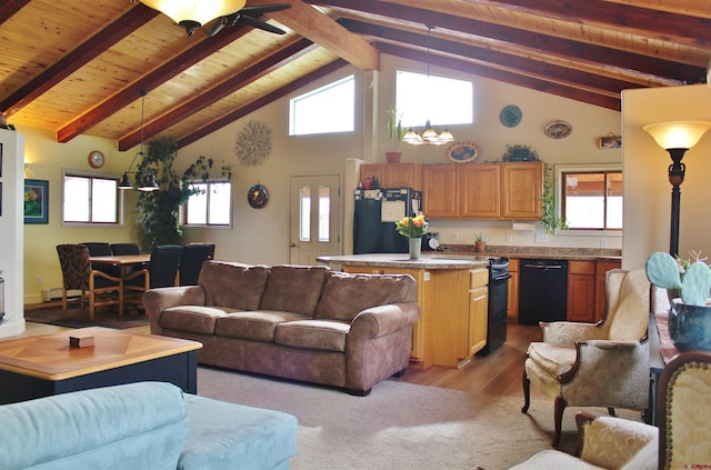 living room with wood ceiling, beam ceiling, high vaulted ceiling, and a healthy amount of sunlight