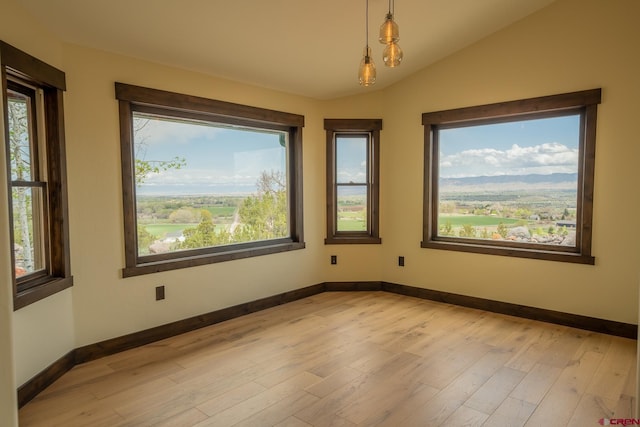 unfurnished room featuring lofted ceiling and light hardwood / wood-style flooring