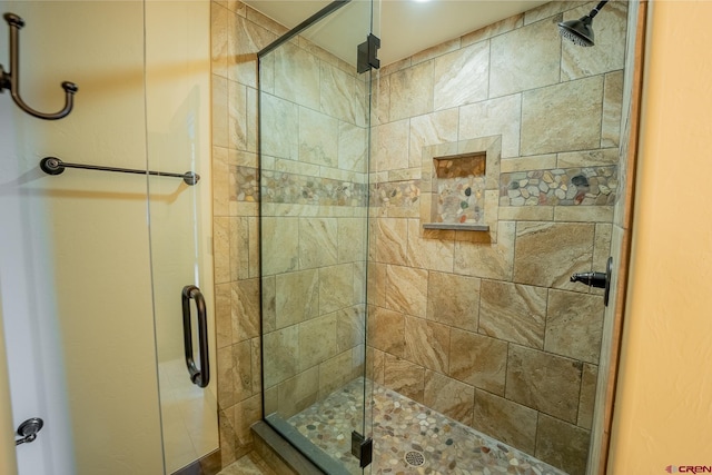 bathroom featuring a shower with shower door