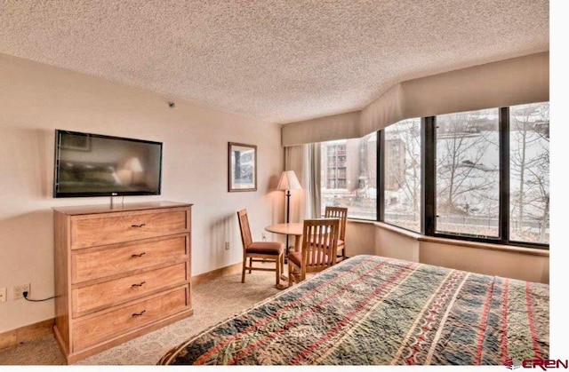 carpeted bedroom with a textured ceiling