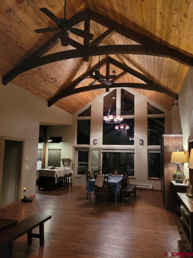 living room with wooden ceiling, high vaulted ceiling, ceiling fan with notable chandelier, and beam ceiling