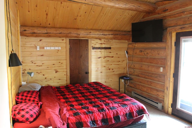 bedroom featuring beam ceiling, log walls, wooden ceiling, and baseboard heating