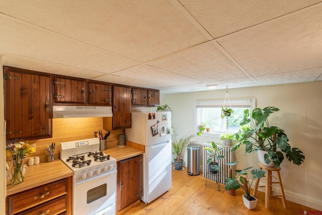 kitchen with white appliances, a drop ceiling, and light hardwood / wood-style floors