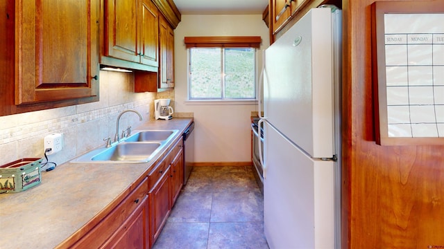 kitchen featuring tasteful backsplash, sink, tile patterned flooring, dishwasher, and white fridge