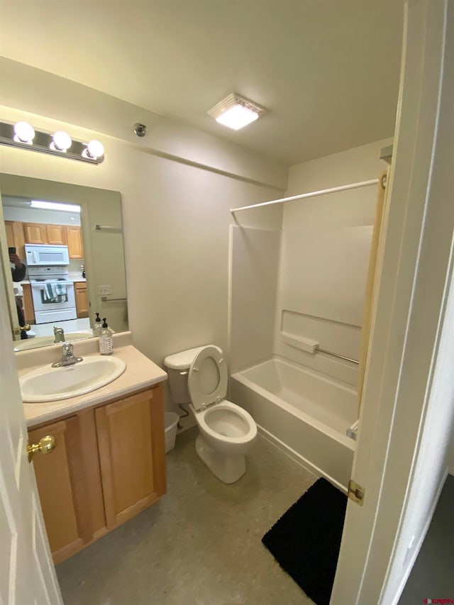 full bathroom featuring concrete flooring, toilet, shower / bathtub combination, and vanity