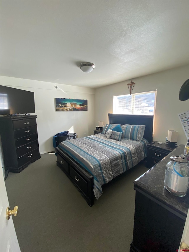 bedroom featuring dark carpet and a textured ceiling