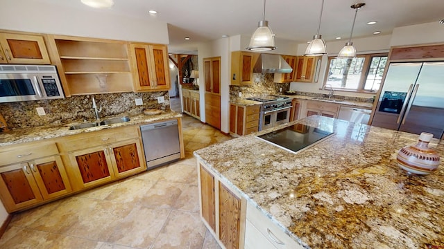 kitchen with wall chimney exhaust hood, light tile floors, appliances with stainless steel finishes, and sink