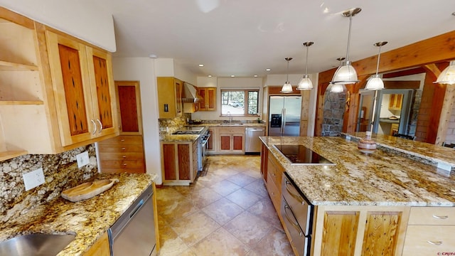 kitchen with light tile floors, appliances with stainless steel finishes, sink, hanging light fixtures, and light stone counters