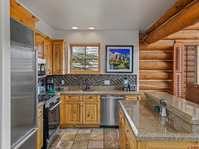 kitchen with log walls, appliances with stainless steel finishes, light tile floors, backsplash, and sink