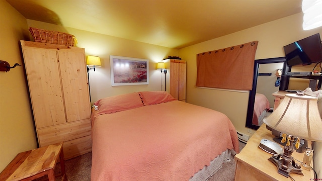 bedroom with a baseboard heating unit and carpet floors