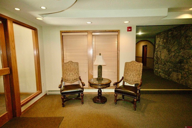 sitting room with a baseboard radiator and carpet