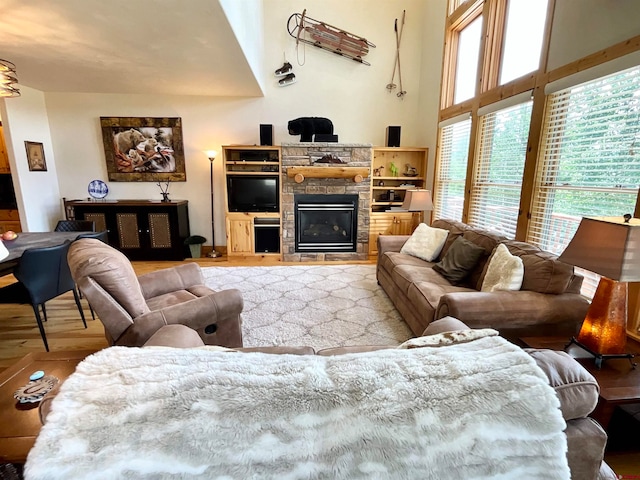 living room with light hardwood / wood-style flooring and a stone fireplace