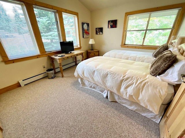 carpeted bedroom featuring lofted ceiling