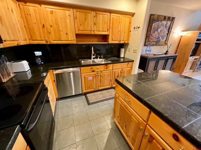 kitchen with sink, light tile floors, stainless steel dishwasher, black / electric stove, and tasteful backsplash