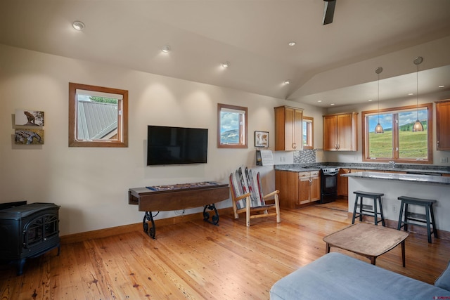 living room with vaulted ceiling, a wood stove, and light hardwood / wood-style flooring