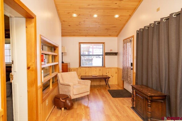 289 S Main St, Creede, CO 81130 - sitting room with wooden ceiling, wainscoting, recessed lighting, and wood finished floors
