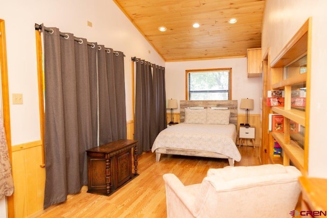 289 S Main St, Creede, CO 81130 - bedroom featuring recessed lighting, wooden ceiling, wainscoting, vaulted ceiling, and light wood-type flooring