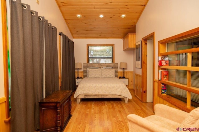 289 S Main St, Creede, CO 81130 - bedroom featuring wood walls, a wainscoted wall, recessed lighting, wood ceiling, and light wood-style floors