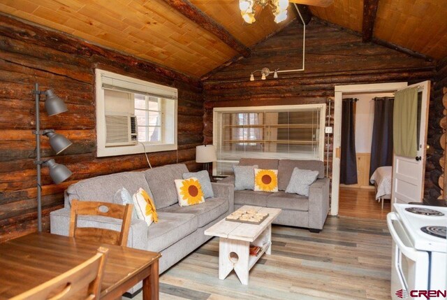 289 S Main St, Creede, CO 81130 - living area featuring wooden ceiling, vaulted ceiling with beams, and wood finished floors