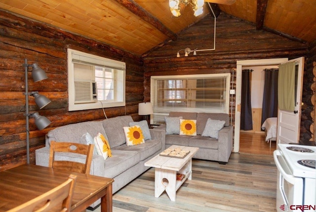 289 S Main St, Creede, CO 81130 - living area featuring wooden ceiling, vaulted ceiling with beams, and wood finished floors
