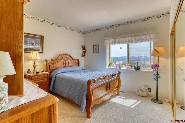 bedroom featuring a closet and light carpet